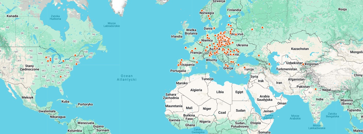 Mapa realizacji linii sortujących Green Sort w Europie, Ameryce Północnej i Azji